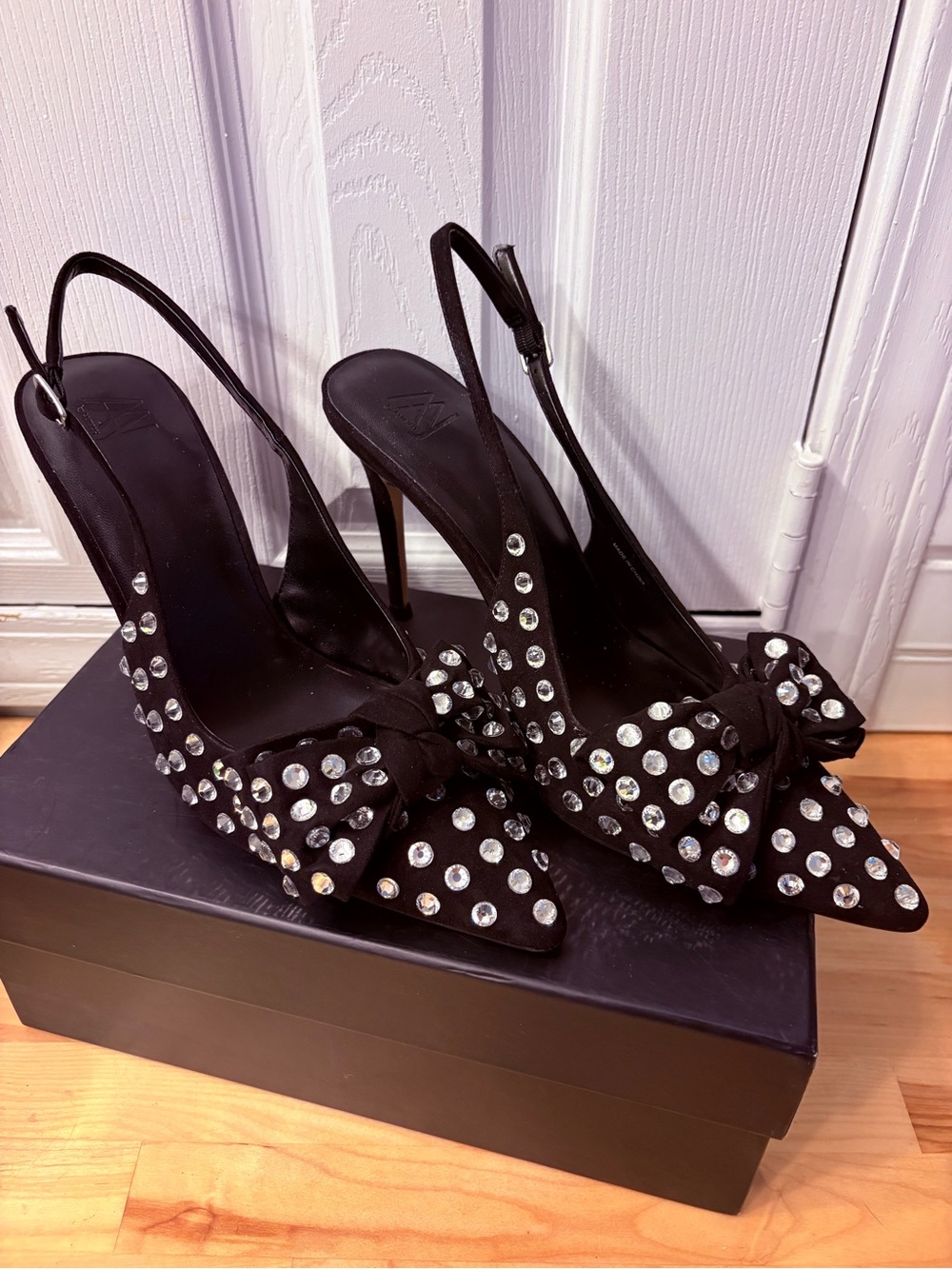 AAJ by Aminah, black suede pumps with crystals stiletto heels